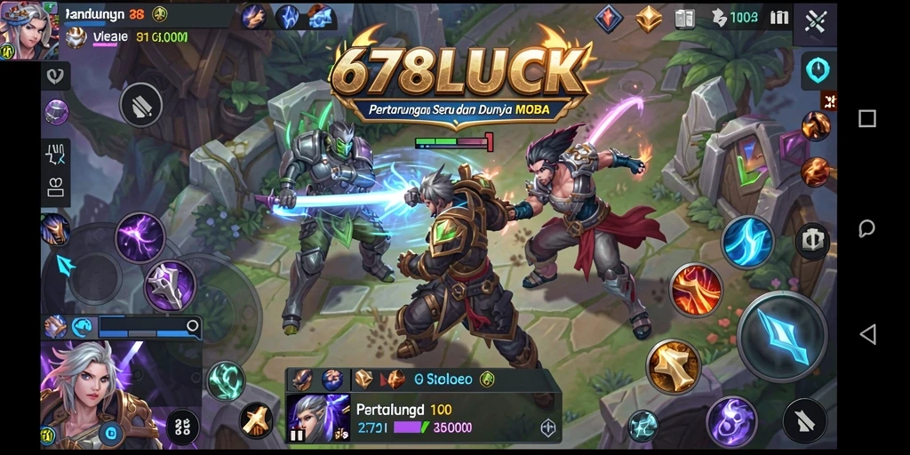 Screenshot menunjukkan pertarungan epik dalam game MOBA 678LUCK.