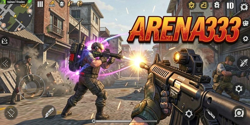 Tampilan gameplay seru di ARENA333 dengan aksi pertarungan TPS.