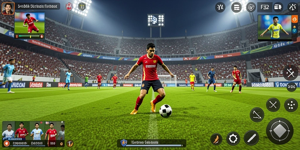Tampilan gameplay F32 yang mendebarkan dengan aksi sepak bola seru.