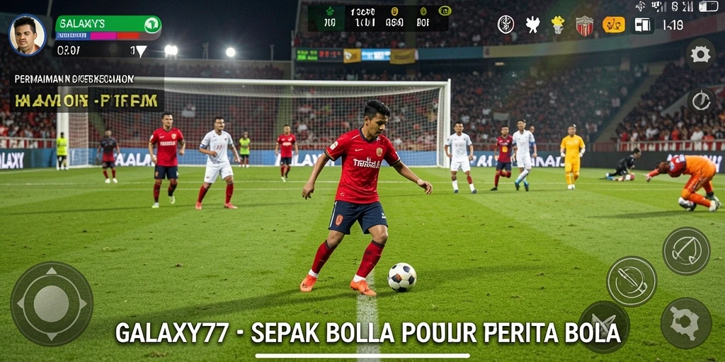 Screenshot utama GALAXY77 menampilkan aksi seru di lapangan sepak bola.