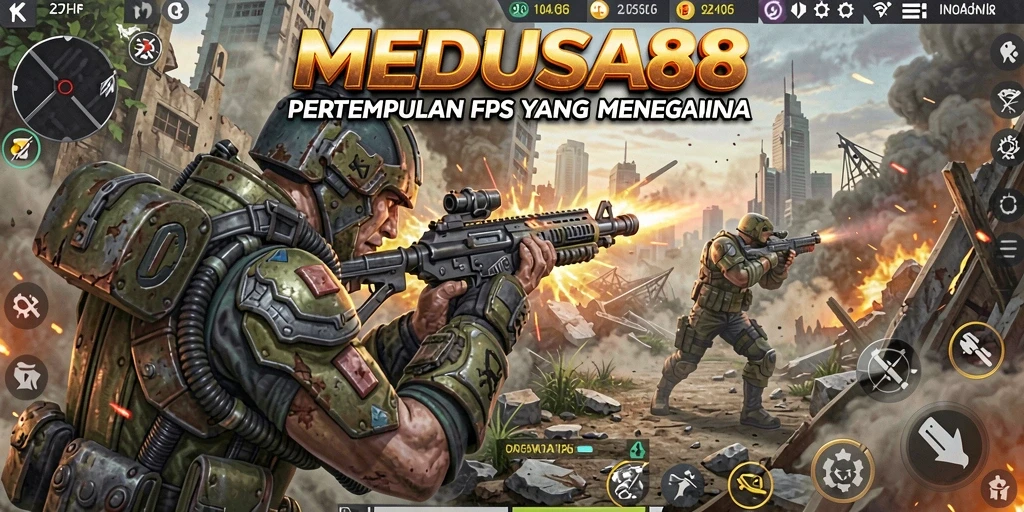 Tampilan gameplay <strong>MEDUSA88</strong> dengan aksi pertempuran FPS yang mendebarkan.