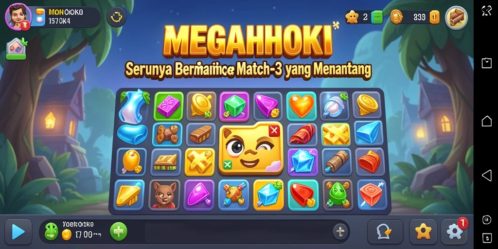 Tampilan gameplay MEGAHOKI dengan momen mencocokkan permata.