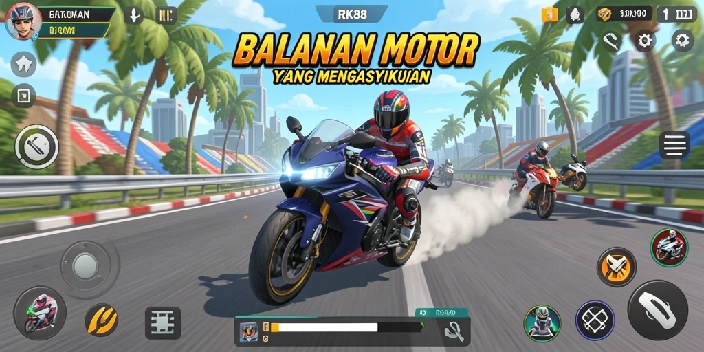 Gameplay menegangkan dalam RK88 yang menampilkan balapan motor seru.