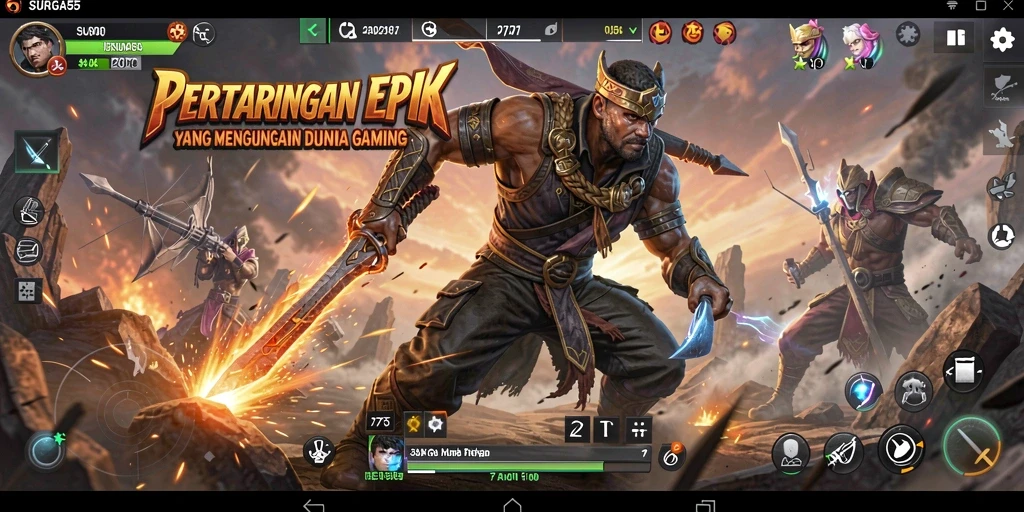 Screenshot SURGA55 menampilkan pertarungan intens dengan efek visual yang luar biasa.